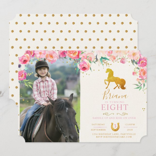 Cavalo Dourado com Flores Foto Convite de Aniversá (Frente/Verso)