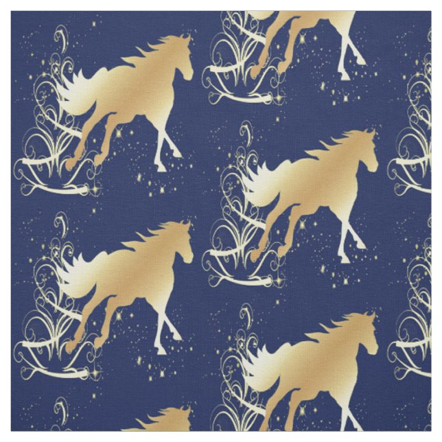 Cavalo Dourado no Tecido de Férias Azul (Modelo)