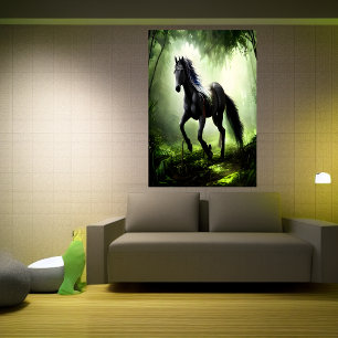 Cavalo negro na floresta AI Art Poster