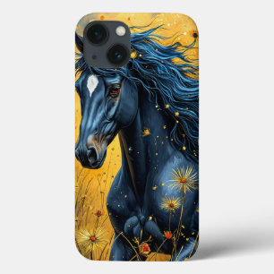 Cavalo Preto Correndo por uma Vibrante Campina