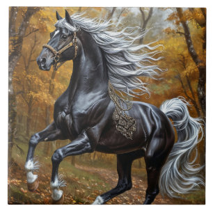 Cavalo Preto Majestoso numa Floresta de Outono