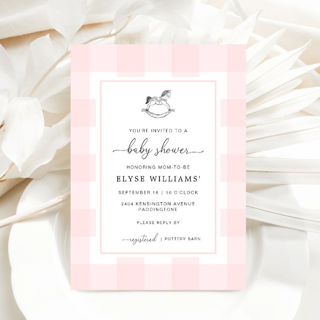Cavalo Rocking Rosa Gingham Chá de fraldas Convite (Baby Shower Invitation Pink Gingham Rocking Horse )