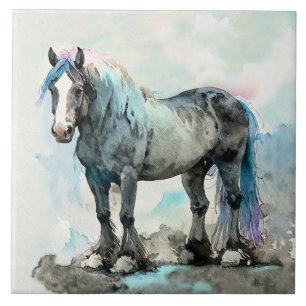 Cavalo Shire Gentil Aquarela Azul