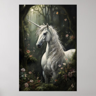 Cavalo unicórnio branco em impressão de floresta p