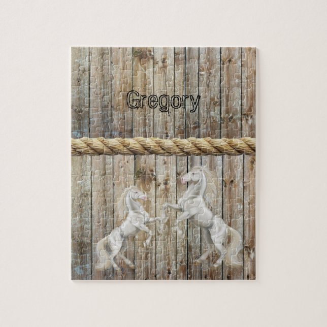 Cavalos brancos de madeira quebra-cabeça (Vertical)