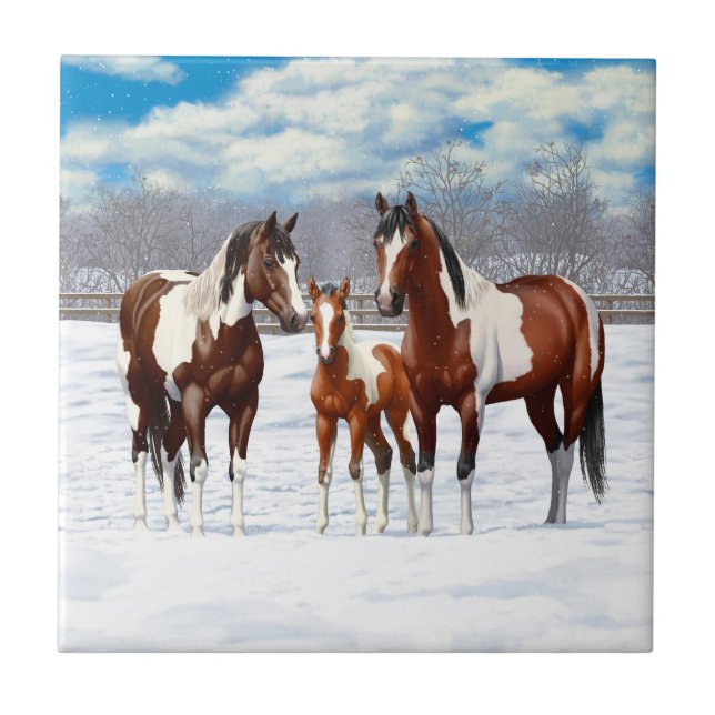 Cavalos De Pintura De Baía Na Neve De Inverno (Frente)