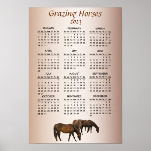 Cavalos Marrons Grazing 2023 Poster de Calendário