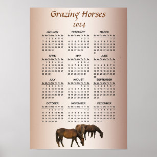 Cavalos Marrons Grazing 2024 Poster de Calendário