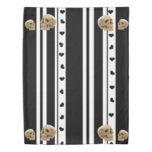 Caveira Cobrir Duvet Corações Pretos Stripe Branco