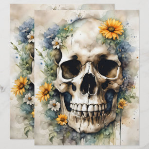 Caveira de Aquarela com Papel Escrapbook de Flores