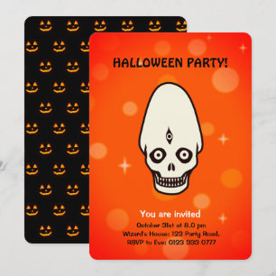 Caveira de Halloween em convite preto e laranja