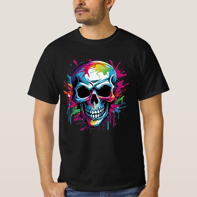Caveira de mau: Arte Colorida de Camiseta Grafite (Frente)
