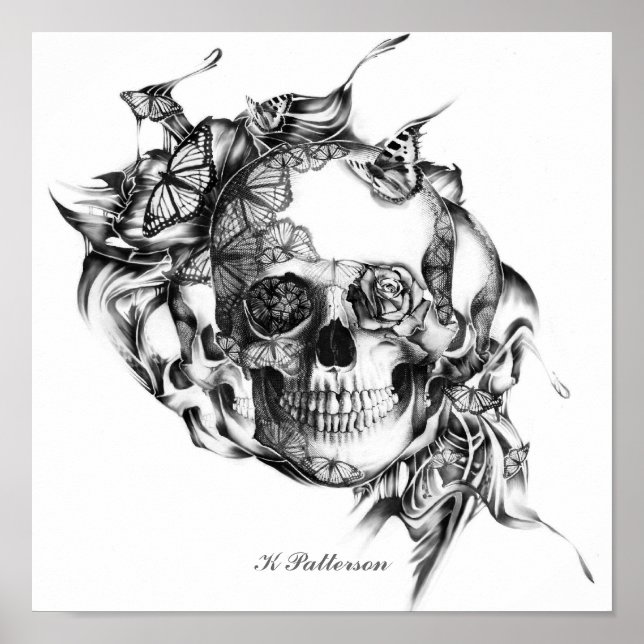 Caveira e Borboletas Impressão (Frente)
