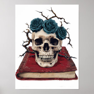 Caveira e Rosas no Livro - Poster de Arte Literári