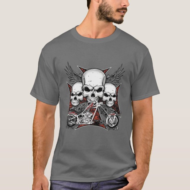 Caveira Três com Camisa T de Motocicleta Vermelha (Frente)