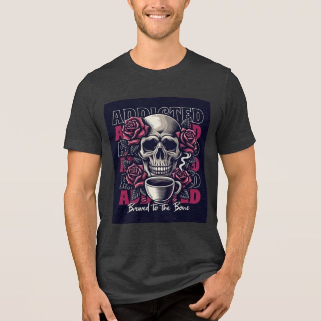 Caveira viciada e Rosas Café T-Shirt Design (Frente)