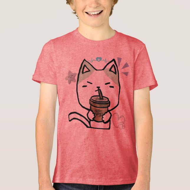 Cawaii Funny cat with coffee Cute Cat anime style (Frente)