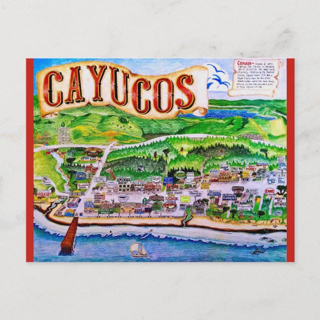Cayucos Mapa da Califórnia Cartão Postal (Frente)