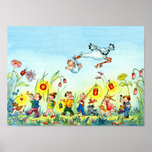 Cegonha com bebê - poster do berçário