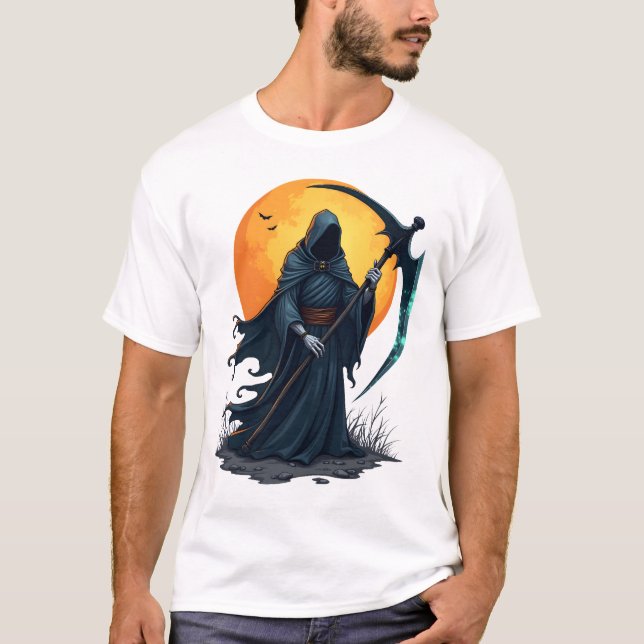 Ceifador com Foice � Camiseta Assustadora de Hallo (Frente)