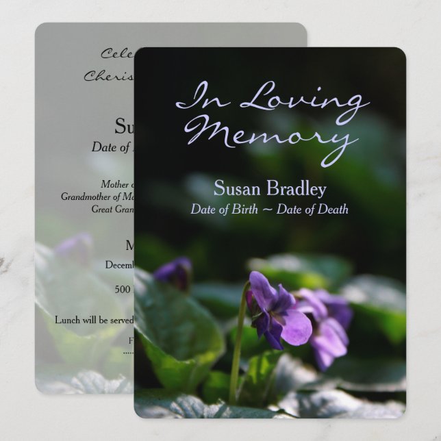 Celebração de Violetas Selvagens do Cartão Funeral (Frente/Verso)