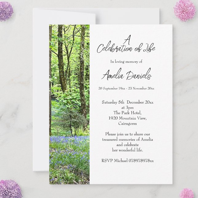 Celebração do Cartão de Vida da Madeira Bluebell (Woodland burial Celebration of Life Cards)