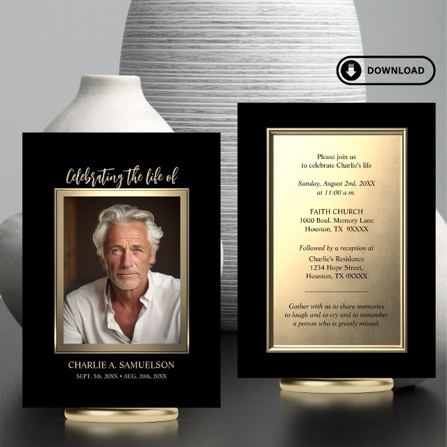 Celebração do convite à FOTO Negra Dourada (Modern Celebration of Life Gold Black PHOTO Card | Elegant for men (masculine))