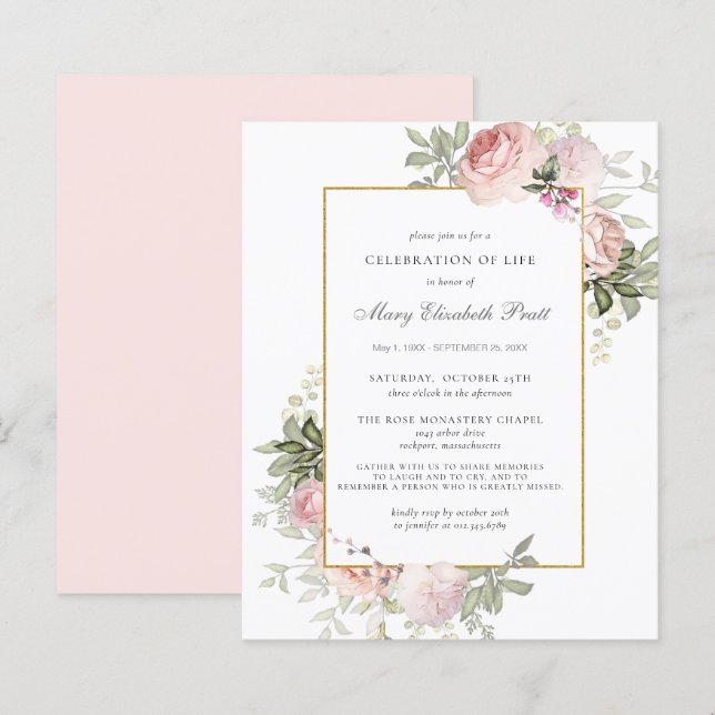 Celebração do Orçamento do Convite Floral Rosa de  (Frente/Verso)