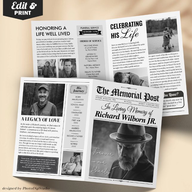 Celebração do Programa Funeral de Cartão de Jornal (Custom Funeral Program Newspaper, Celebration of Life Newspaper 4 page Card template and print)