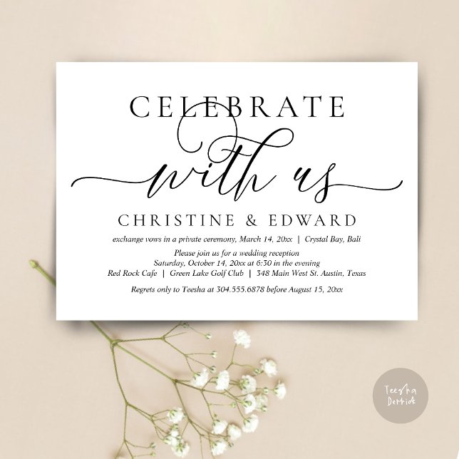 Celebrar conosco, Convite do Partido do Elopemento (Celebrate with us, Romantic Modern Wedding Elopement Invitation Card, PDF, in Black and White)