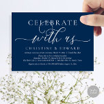 Celebrar conosco, Convite do Partido do Elopemento<br><div class="desc">Marinho de Caligrafia Simples,  minimalista e moderno,  Blue Script,  Janto de Elopemento de Casamento ou Convite de festas (Celebrar conosco). É perfeito para seu anúncio de elopeio de casamento e celebração de festas,  depois do seu melhor dia. Adicione seus detalhes em caracteres pretos / letras correspondentes. #TeeshaDerrick</div>
