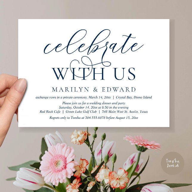 Celebre conosco, Convite de Fuga de Casamento (Celebrate With Us, Modern Wedding Dinner Invitation Card, PDF, in Navy Blue)