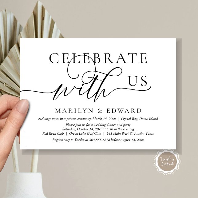 Celebre conosco, Convite de Fuga de Casamento (Celebrate with us, Wedding Elopement Party Invitation Card, Modern Romantic, Black and White themed.)