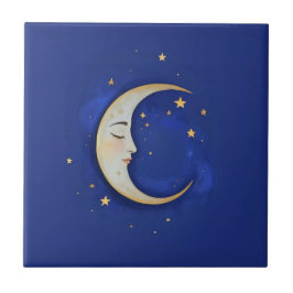 Celestial Crescent Moon with Face Gold Dark Blue