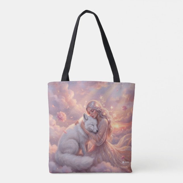 Celestial Maiden White Fox Fantasy Tote Bag (Verso)