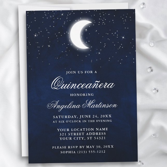 Celestial Moon Stars Quinceanera Convite (Customize to add text or a photo to back of card.)