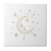 Celestial Moon with Face & Stars Gold Silver White