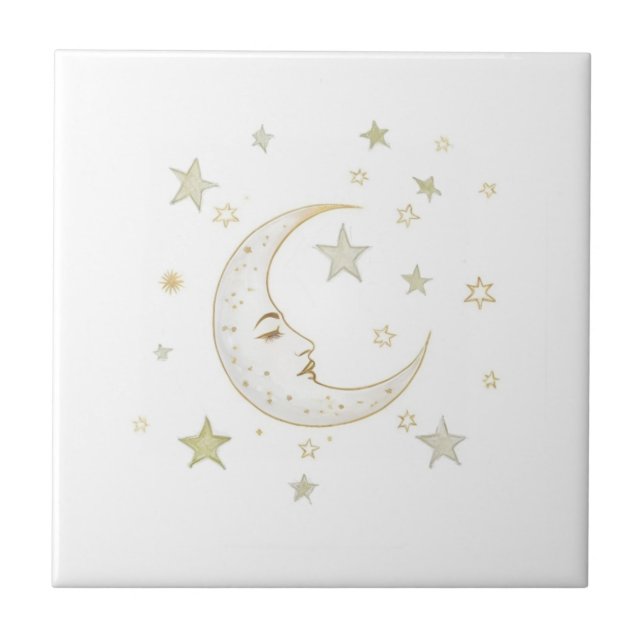 Celestial Moon with Face & Stars Gold Silver White (Frente)