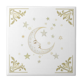 Celestial Moon with Face & Stars Gold White Delft