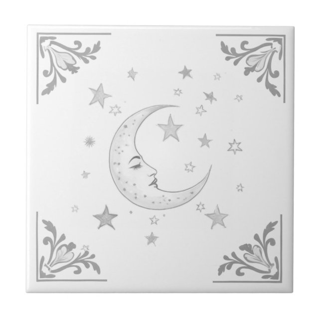 Celestial Moon with Face & Stars Silver and White (Frente)