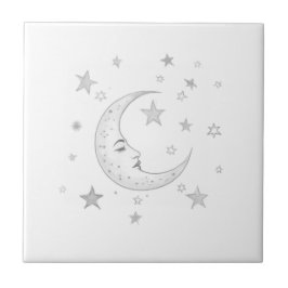 Celestial Moon with Face & Stars Silver and White