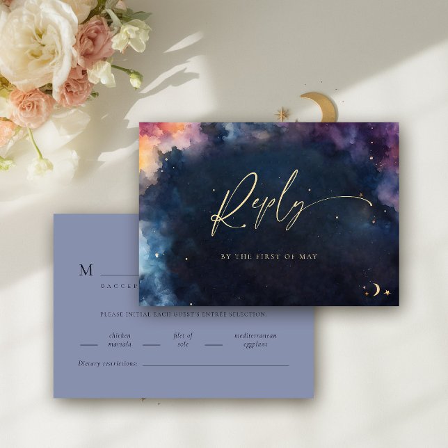 Célestial Stars Midnight Blue RSVP (celestial wedding rsvp meal card cosmic watercolor starry night sky galaxy universe navy blue gold)