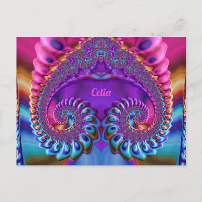 CELIA ~ Cartão Postal 3D Brilhante Rosa Azul Roxo  (Frente)