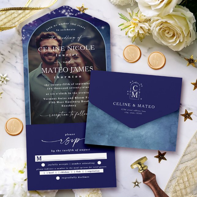Celine Celestial Night Starry Sky Foto Personaliza (Make your wedding planning easy and elegant with the Celine all-in-one invitation and RSVP card!)