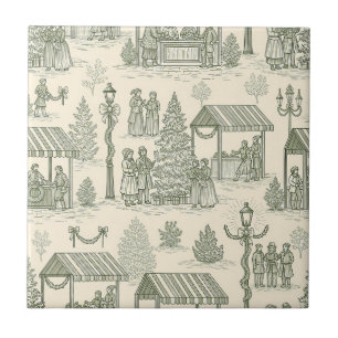 Cena de Aldeia de Natal Vintage Toile Verde (2)