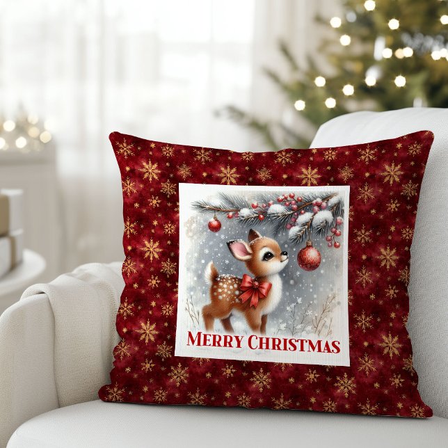 Cena de inverno suave, almofada de Natal com cervo (Gentle winter scene baby fawn Christmas pillow (49))