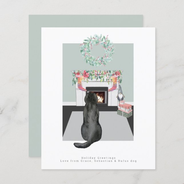 Cena de Natal do cão Labrador preto junto à lareir (Frente/Verso)