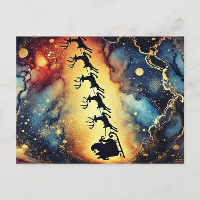 Cena de Papai Noel no céu noturno c/ renas Cartão  (Frente)