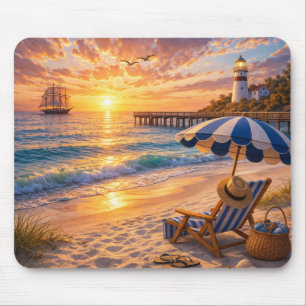 Cena do Farol do Pôr do Sol na Praia Mouse Pad