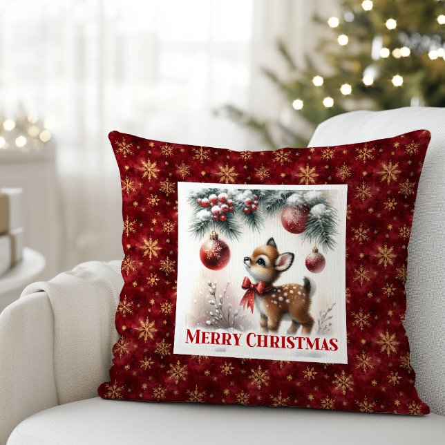 Cena festiva nevada com almofada de Natal de cervo (Snowy festive scene baby fawn Christmas pillow (49))